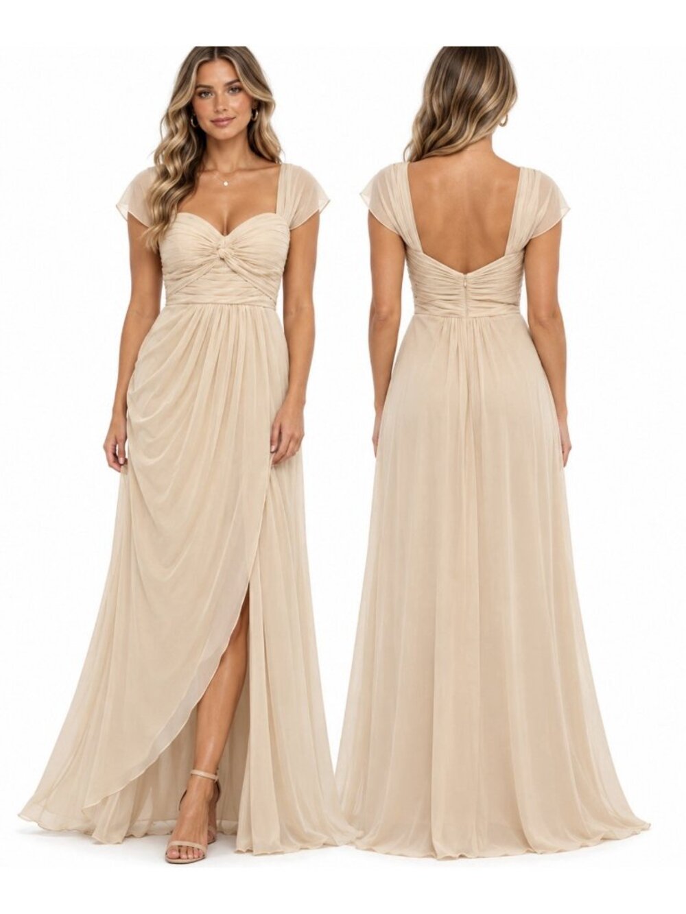 Azazie Millie Maxi Dress Sz A8 Champagne Bridesmaid Formal Prom Mother Of Bride
